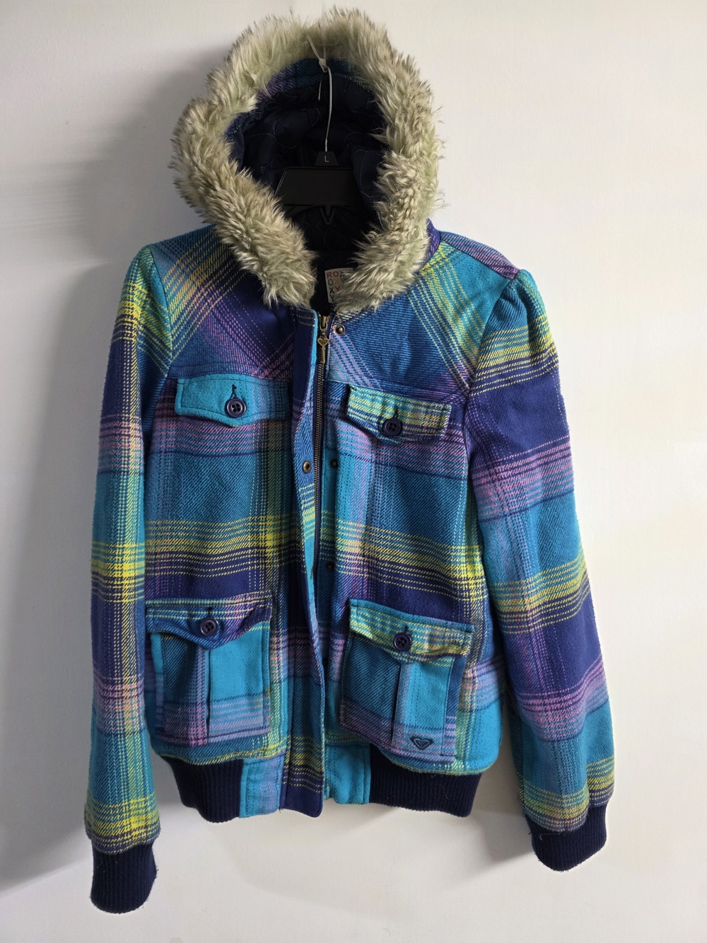 Roxy Y2K Plaid Faux Fur Hooded Winter Jacket Blue Purple Women’s L
